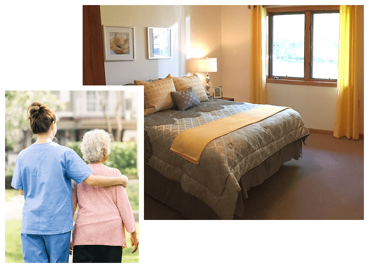 A cozy bedroom with a large bed covered in a gray quilt and yellow accents, next to a window with yellow curtains, a nightstand with a lamp, and framed artwork on the wall. Inset: A caregiver in blue scrubs gently supports an elderly woman with white curly hair, walking outdoors in a sunny, green area.