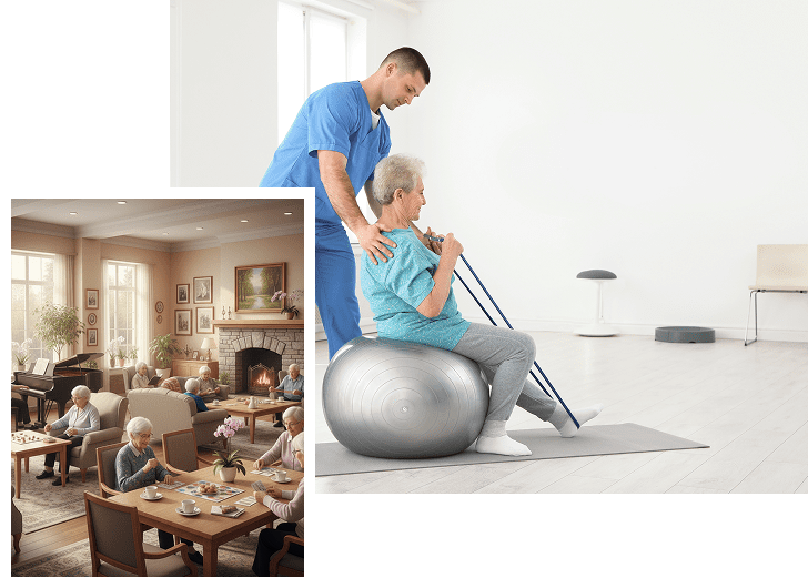A healthcare professional assisting an elderly woman with physical therapy using an exercise ball in a bright, minimalistic room. An inset image shows a cozy living room with elderly people sitting and socializing around a fireplace.