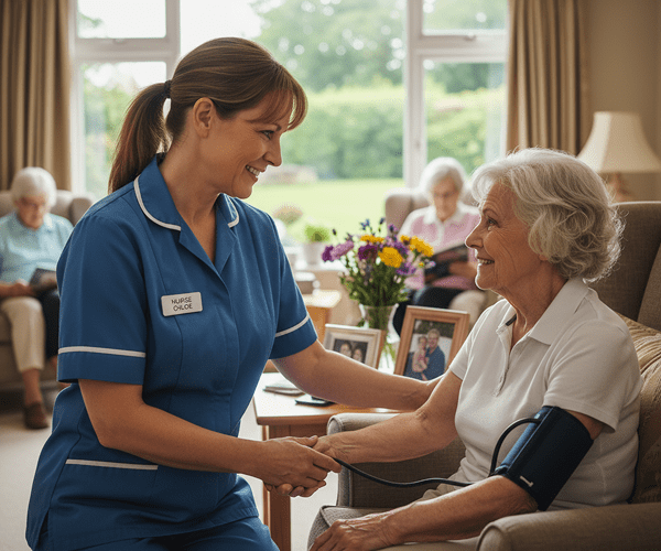 A nurse smiling and holding hands with an elderly woman sitting in a chair in a bright room with large windows, other elderly residents seated in the background, and a table with flowers and framed photos.